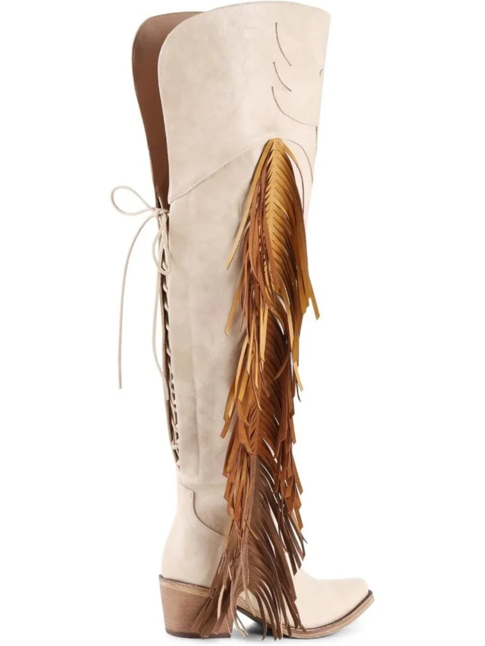 Women's Beige Knee High Furry Heel Boots Faux Fur Pointed Toe Snow Western Boots
